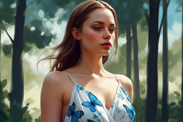 Woman in the summer forestBright dress butterfliesLong white blue summer dressDigital creative designer art drawingAI illustration