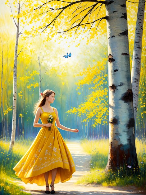 Woman in the summer forestBright long yellow dress butterfliesLong white summer dressDigital creative designer art drawingAI illustration