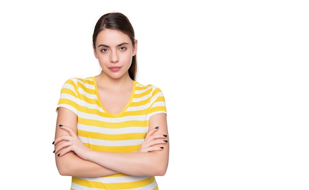 Woman in summer striped tshirt isolated on white background