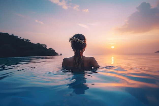 Woman on summer vacation holiday relaxing in infinity swimming pool AI