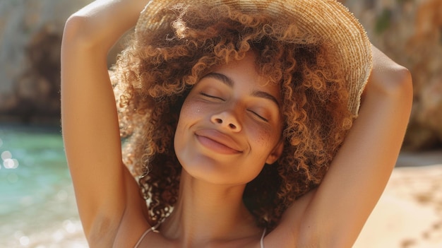 太陽帽子をかぶった女性がビーチで夏の日の幸福な暖かさを楽しんでいます