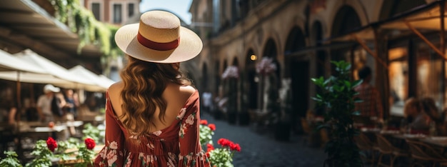 ヨーロッパの都市の通りを探索する日よけ帽子をかぶった女性