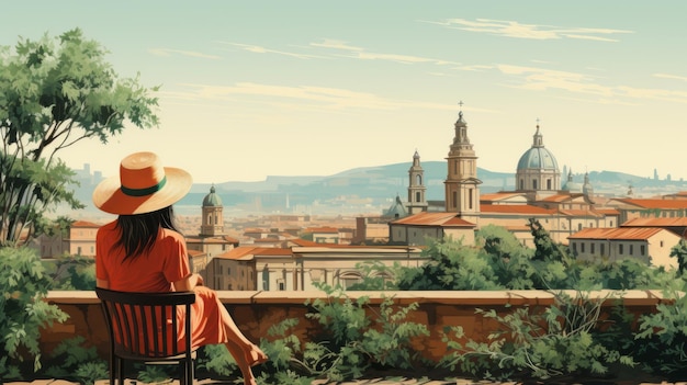 Woman in a sun hat exploring the streets of a European city