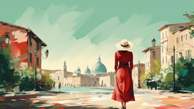 유럽 도시의 거리를 탐험하는 태양 모자를 쓴 여자
