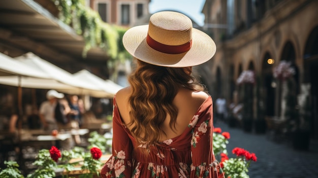 Woman in a sun hat exploring the streets of a European city