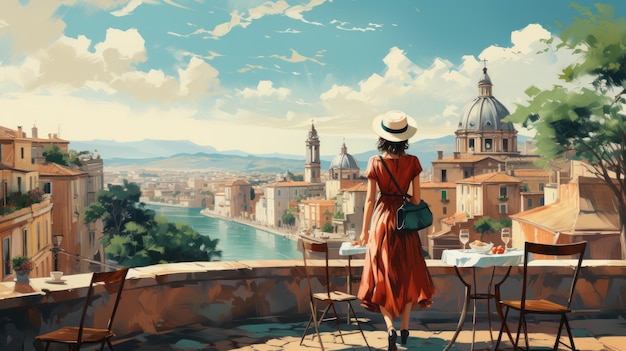 Woman in a sun hat exploring the streets of a European city