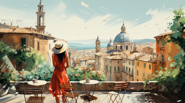 Женщина в шляпе от солнца исследует улицы европейского города