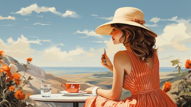 Woman in a sun hat sitting in a European cafe