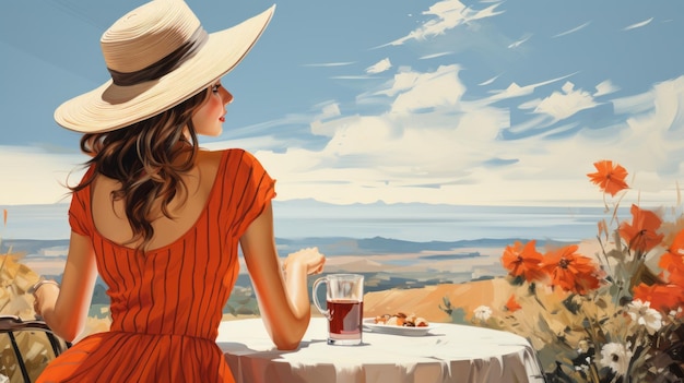 Woman in a sun hat sitting in a European cafe