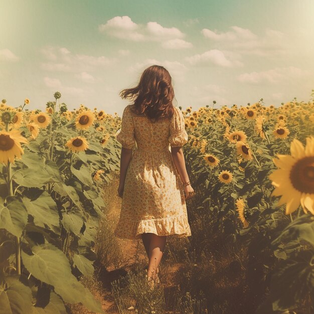 a woman in a sunflower field with a girl walking in the background