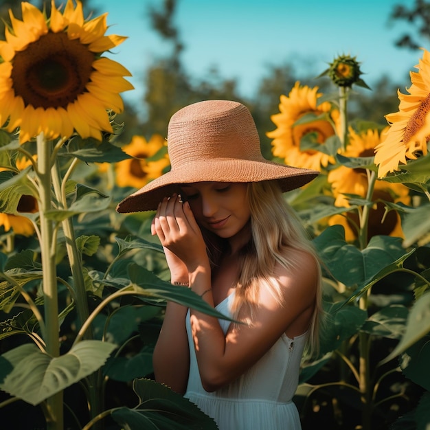 A woman in a sunflower field with a hat on her head.