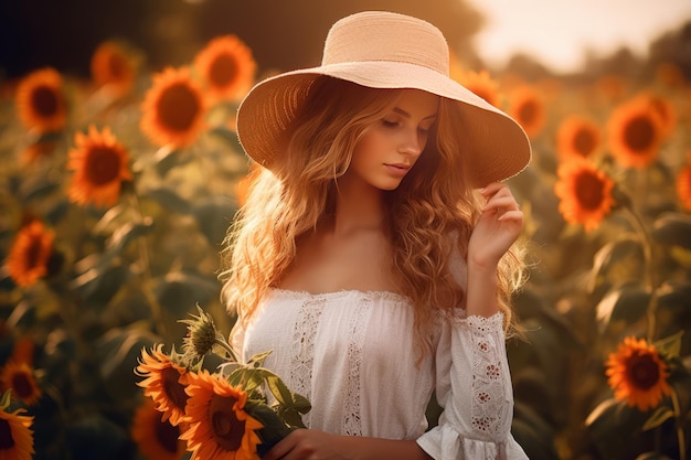 A woman in a sunflower field