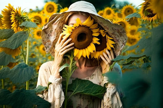 woman in sunflower garden covering her face with flower