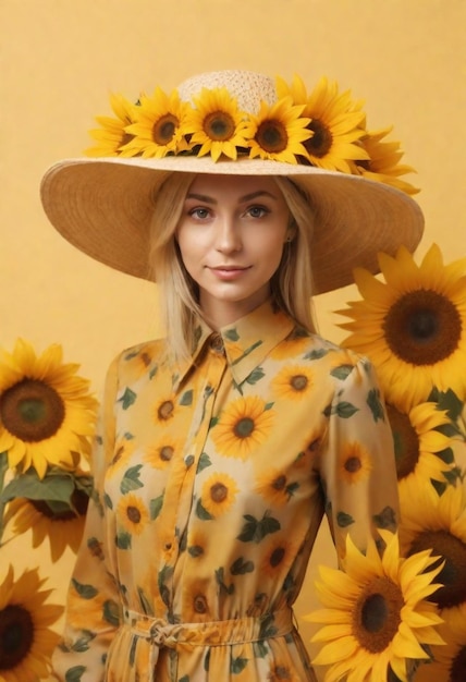 a woman in a sunflower hat with a yellow shirt and a hat