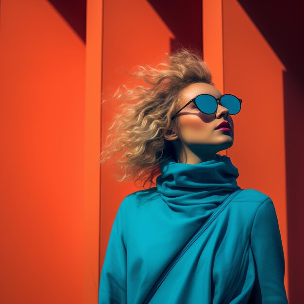 a woman in sunglasses and a blue sweater against an orange wall