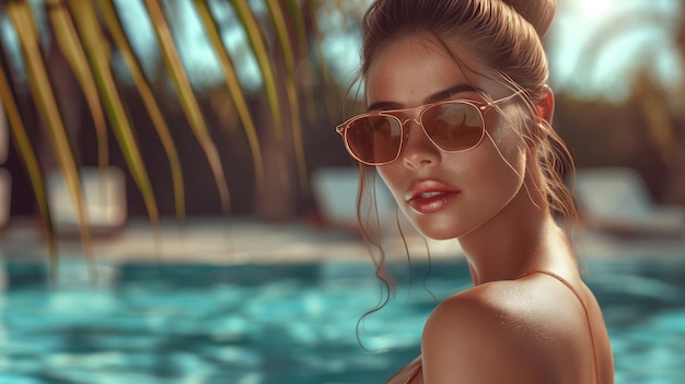женщина в солнцезащитных очках у бассейна с отражением ее лица