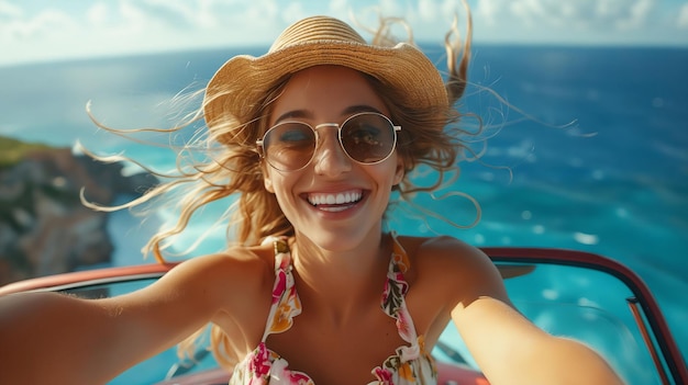 A woman in sunglasses and a hat is taking a selfie while driving a convertible