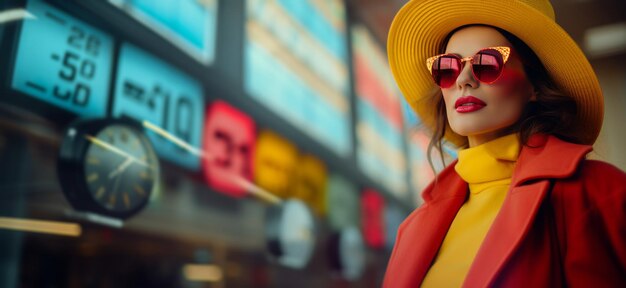 Photo woman in sunglasses and hat standing by a time clock