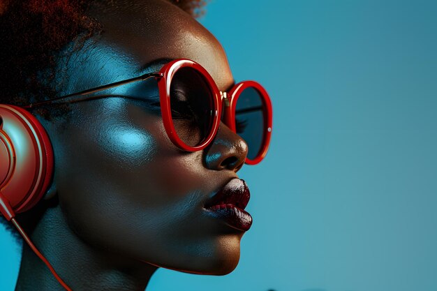 A woman in sunglasses and headphones enjoys her music