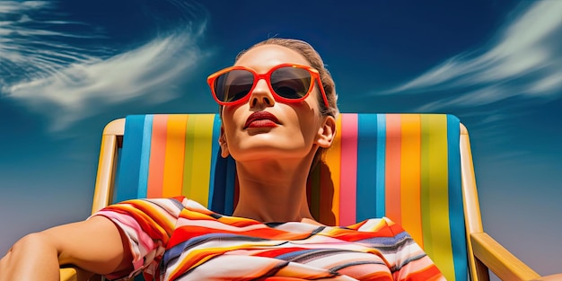 サングラスをかけた女性が、カラフルなポートレートのスタイルでビーチの日光浴用の椅子でリラックスしている