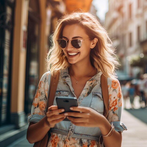 a woman in sunglasses is walking down the street and looking at her phone