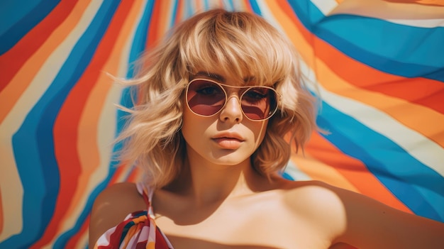 A woman in sunglasses is wearing a striped dress and sunglasses.