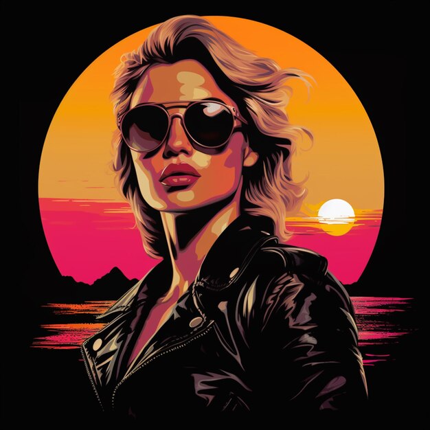 a woman in sunglasses and a leather jacket stands in front of a sunset generative ai