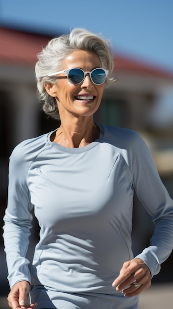 Женщина в солнечных очках и рубашке с длинным рукавом бежит.