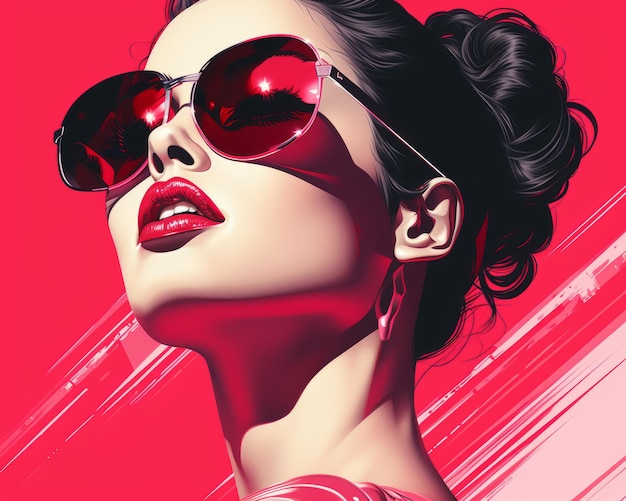 A woman in sunglasses and red lipstick on a pink background