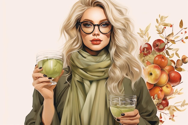 Woman in sunglasses and scarf bites olive and holds martini