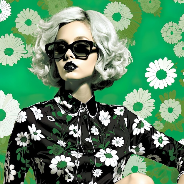 Woman in sunglasses sitting on a green background in the style