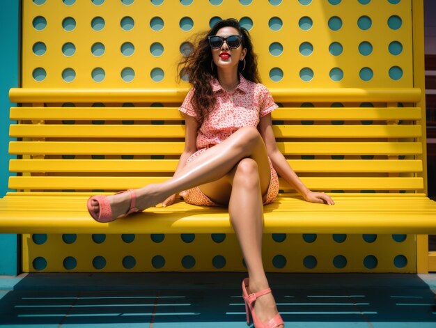 A woman in sunglasses sitting on a yellow bench