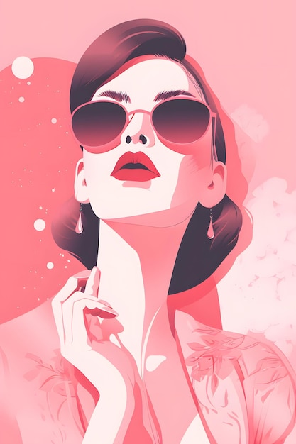 선글라스를 쓴 여성이 담배를 피우고 분홍색 배경을 가진 옆을 바라보고 있습니다. Generative AI