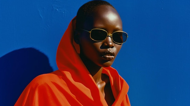 A woman in sunglasses stands in front of a blue wall.