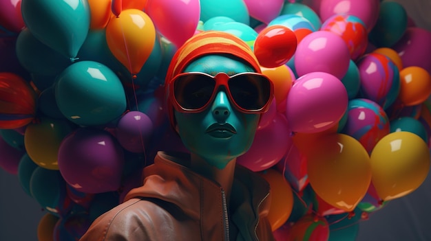 A woman in sunglasses stands in front of a bunch of colorful balloons.