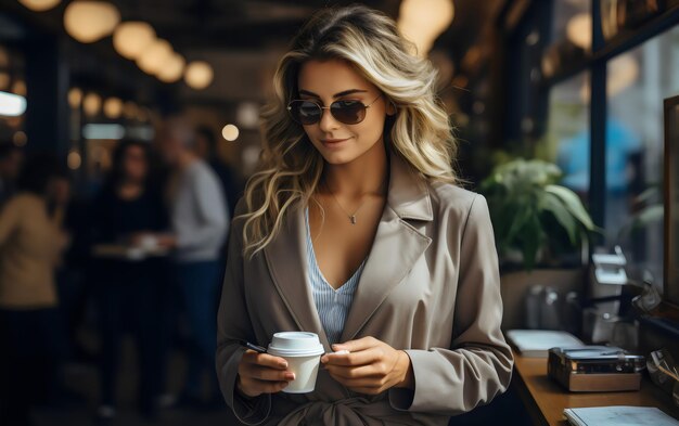 женщина в солнцезащитных очках с кофейной чашкой на левой руке