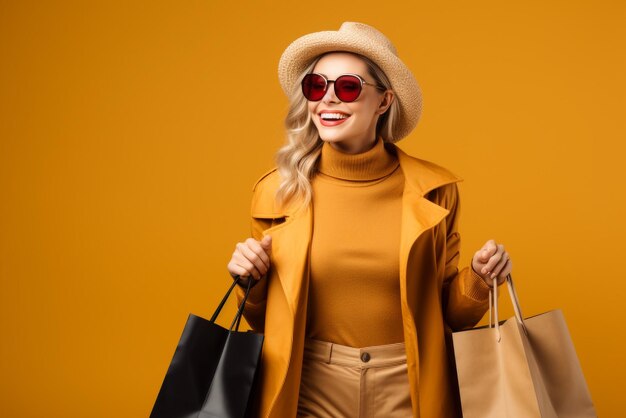 Photo woman in sunglasses and yellow coat with shopping bags