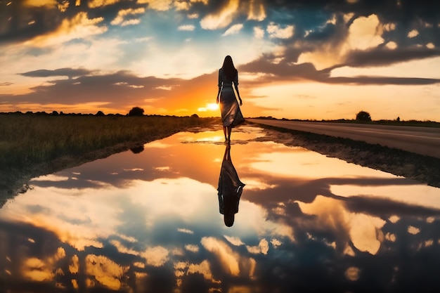 Photo woman at sunset by the water neural network generated art