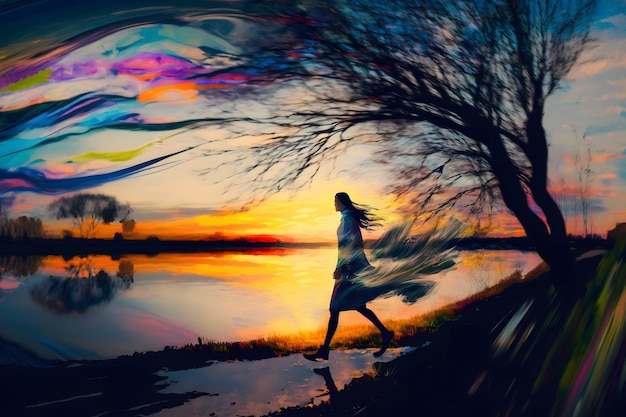 Photo woman at sunset by the water neural network generated art