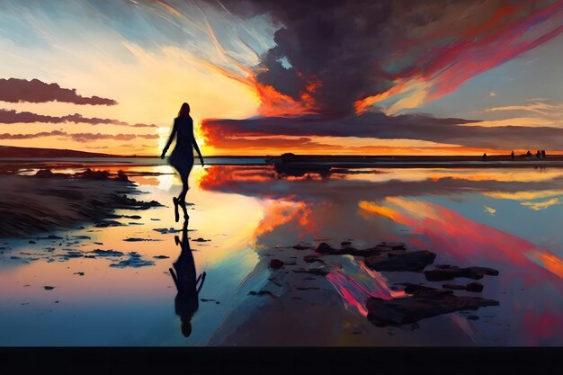 Woman at sunset by the water Neural network generated art