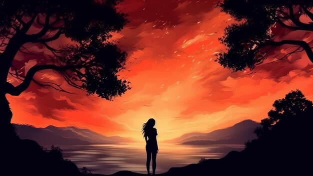 woman at sunset in a fairytale landscape