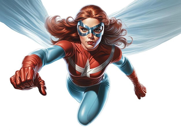 a woman in superhero costume flying on a white background in the style of cartoonish innocence