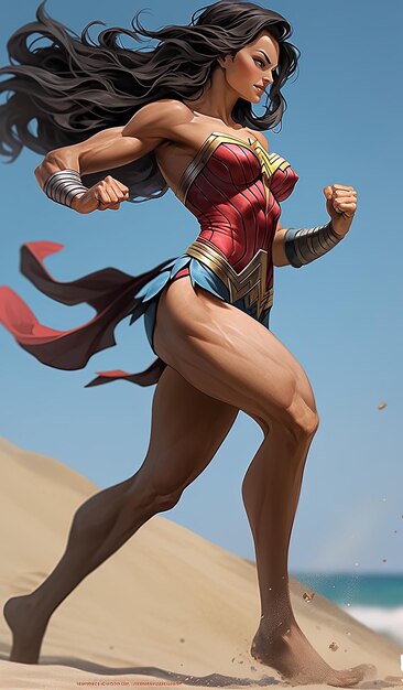 a woman in a superhero costume is running on the sand