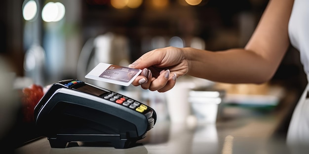 Woman at the supermarket checkout she is paying using a credit card