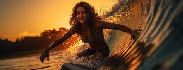 A woman surfing on a wave with the sun behind her