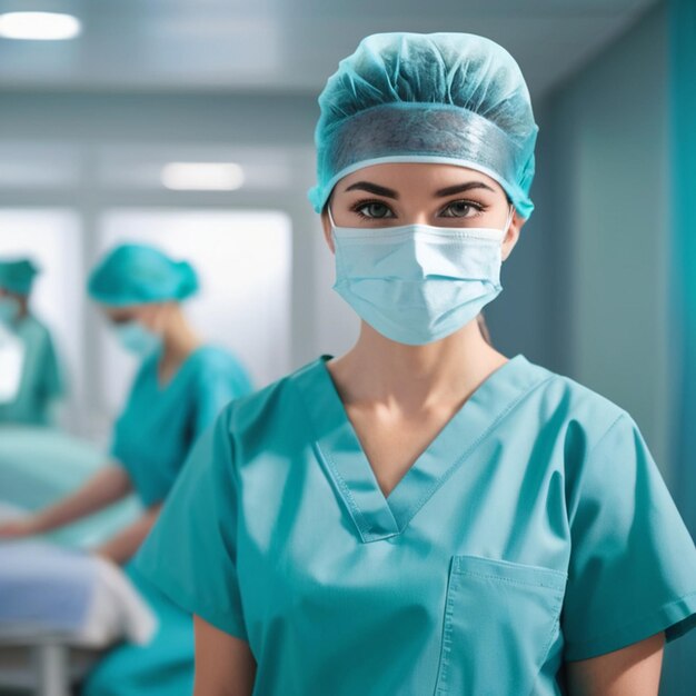 woman surgeon wearing scrubs and mask hospital operating room