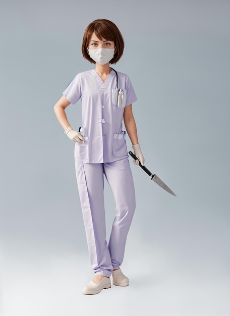 женщина в хирургическом халате и маске с ножом