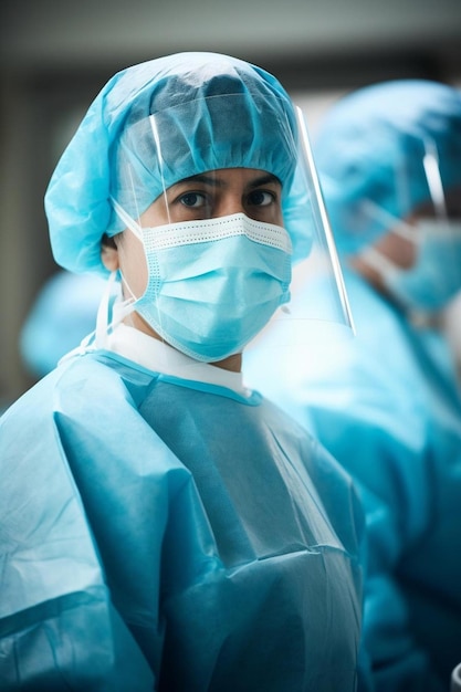 Photo a woman in a surgical mask with a blue mask on