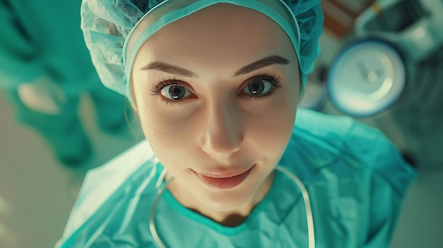 a woman in a surgical suit with a stethoscope on her face