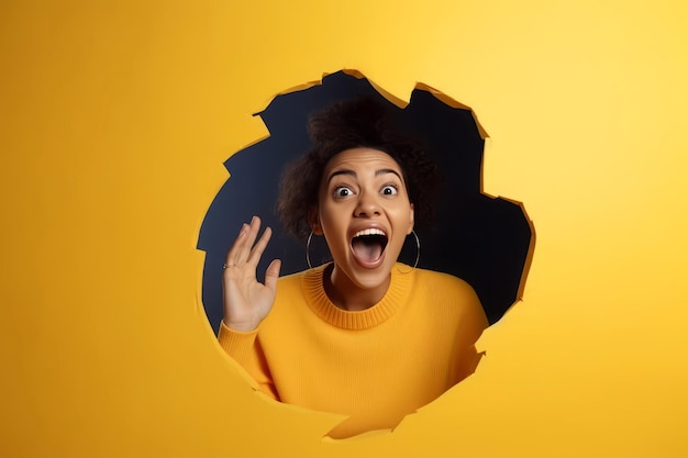 Woman surprised hole yellow Emotional person Generate Ai